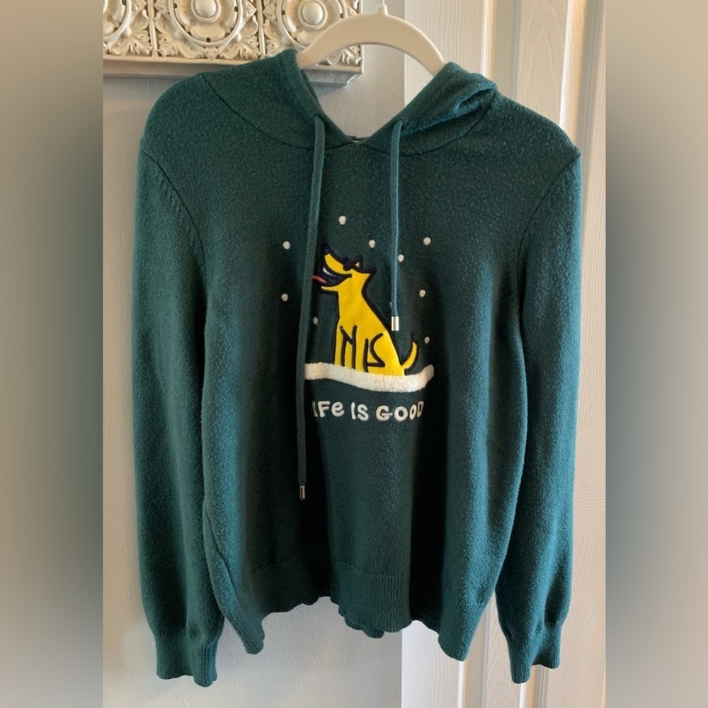 LIFE IS GOOD Green Hooded Knit Full Zip Sweater-Winter Dog Applique - Medium